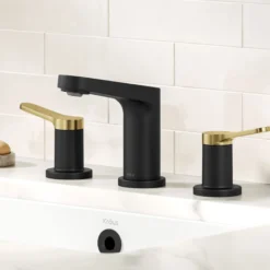 2-Handle 8-inch Widespread Bathroom Faucet in Spot-Free Brushed Brass / Matte Black with Pop Up Drain and Supply Lines