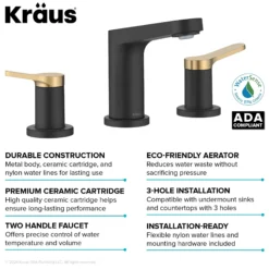 2-Handle 8-inch Widespread Bathroom Faucet in Spot-Free Brushed Brass / Matte Black with Pop Up Drain and Supply Lines