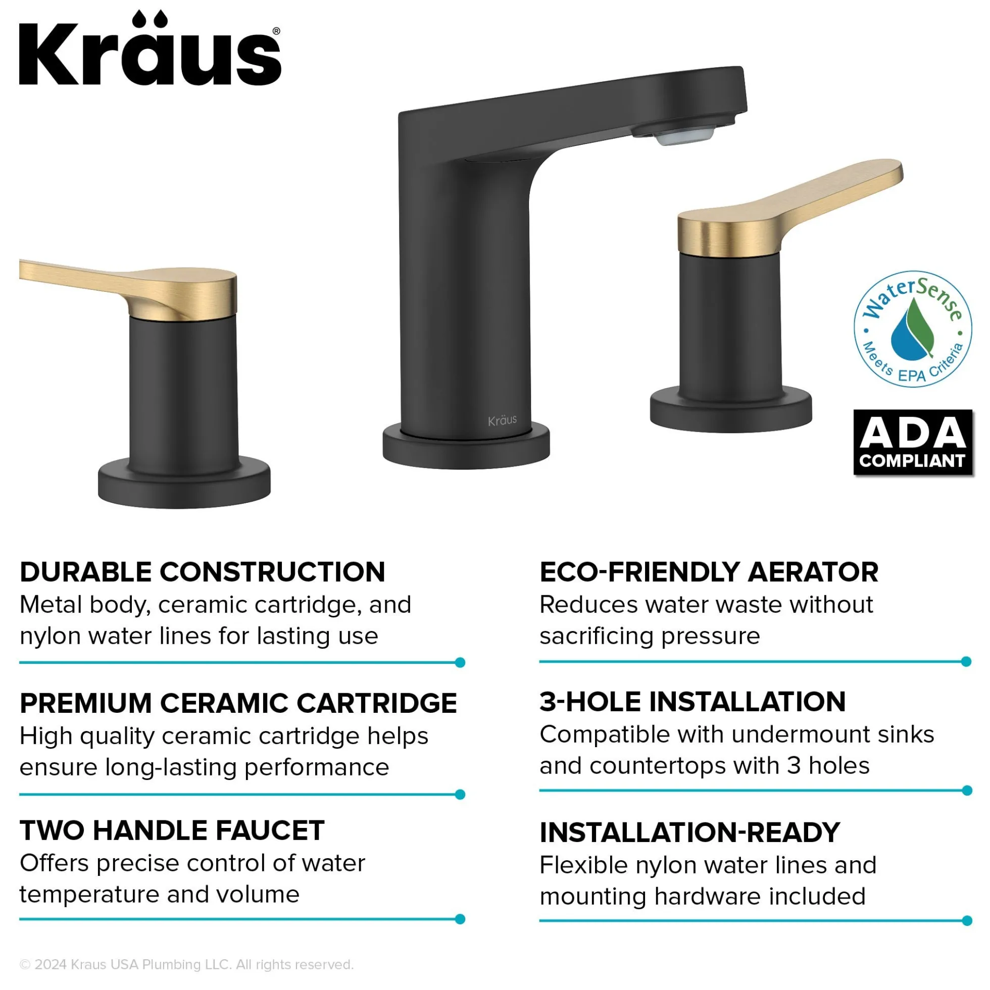 2-Handle 8-inch Widespread Bathroom Faucet in Spot-Free Brushed Brass / Matte Black with Pop Up Drain and Supply Lines