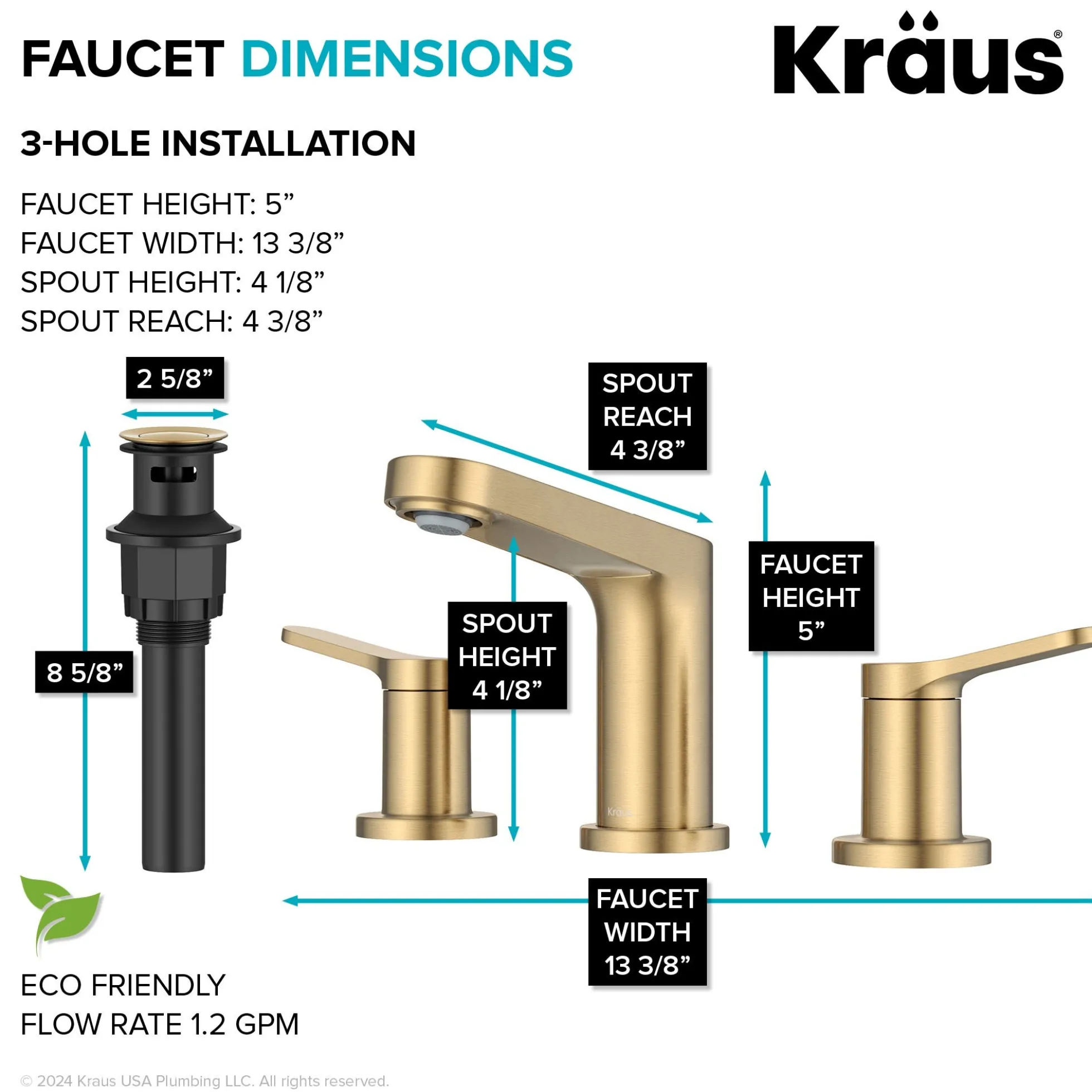2-Handle 8-inch Widespread Bathroom Faucet in Spot-Free Brushed Brass with Pop Up Drain and Supply Lines