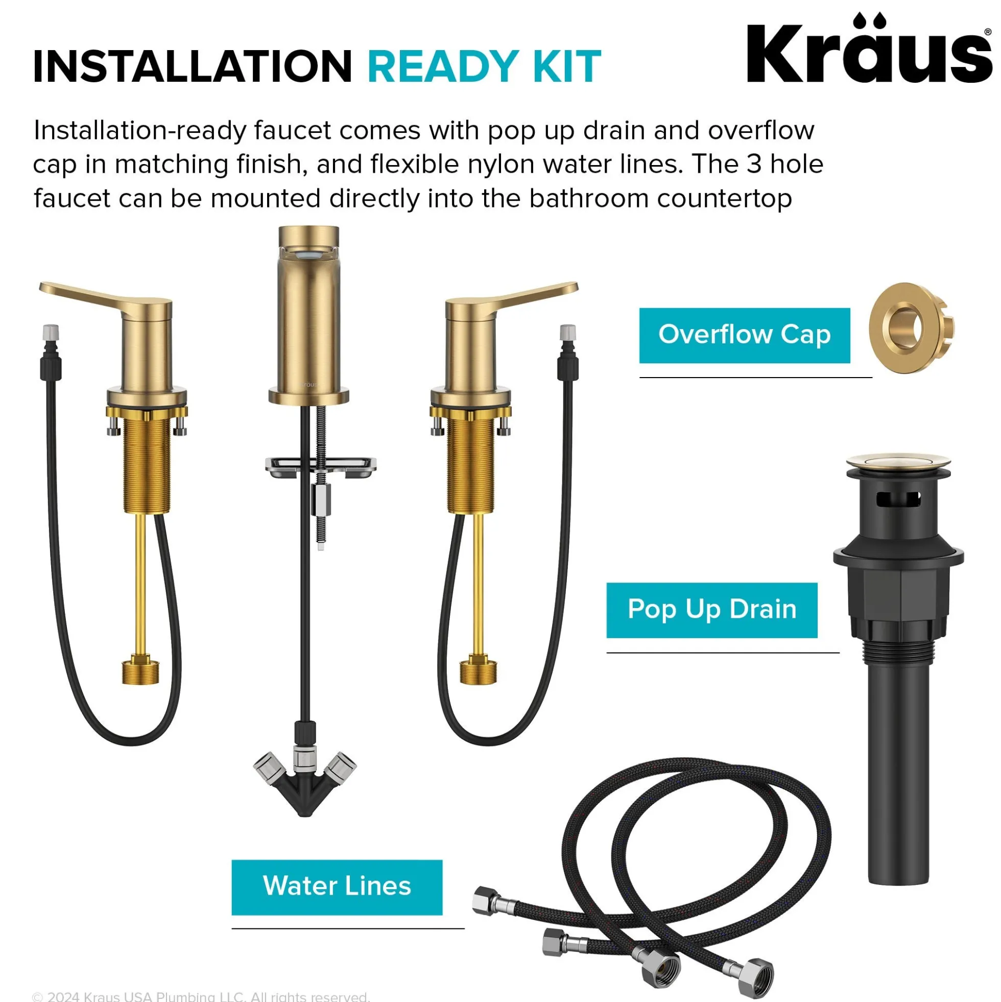 2-Handle 8-inch Widespread Bathroom Faucet in Spot-Free Brushed Brass with Pop Up Drain and Supply Lines