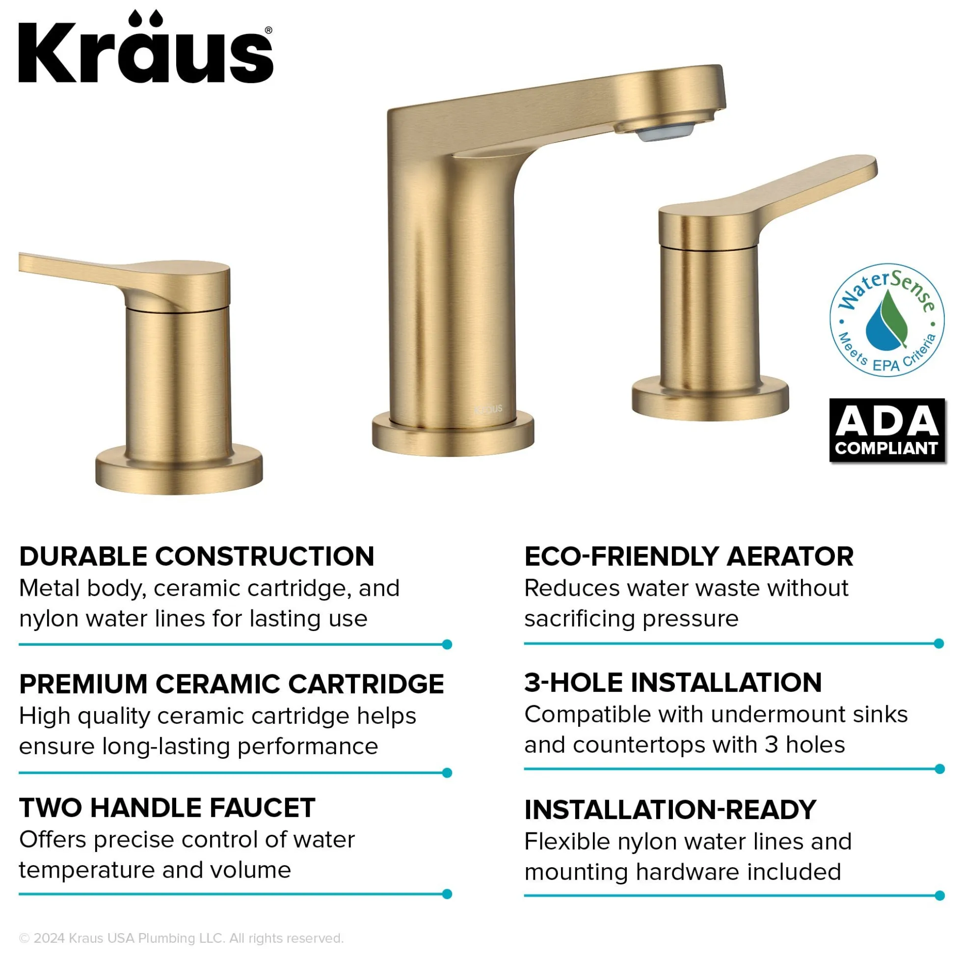 2-Handle 8-inch Widespread Bathroom Faucet in Spot-Free Brushed Brass with Pop Up Drain and Supply Lines