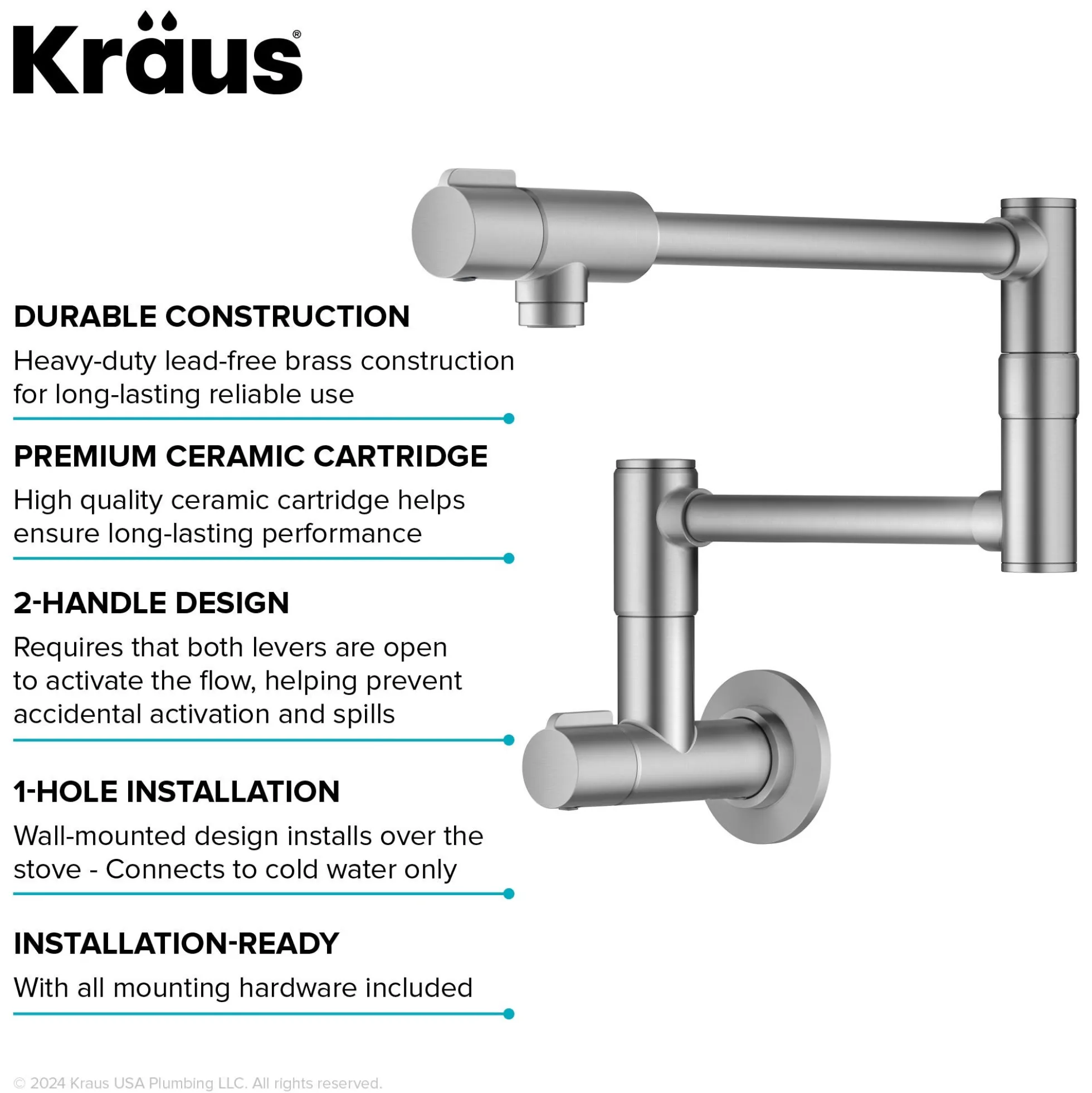 2 Handle Wall Mount Pot Filler Faucet with Retractable Arm in Spot-Free Stainless Steel