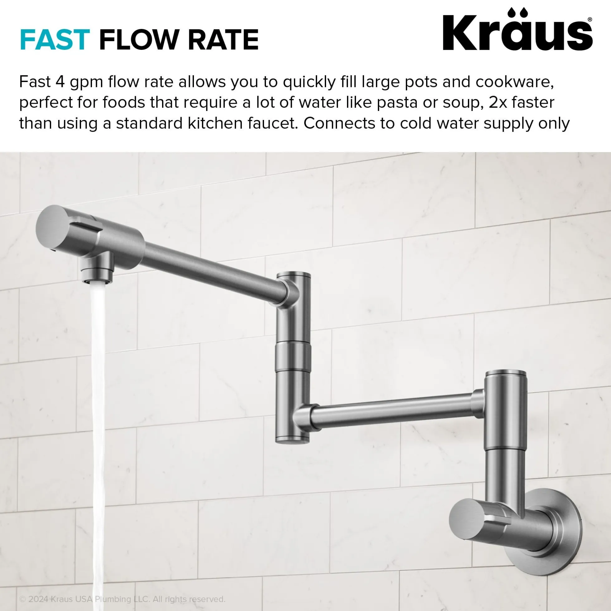 2 Handle Wall Mount Pot Filler Faucet with Retractable Arm in Spot-Free Stainless Steel