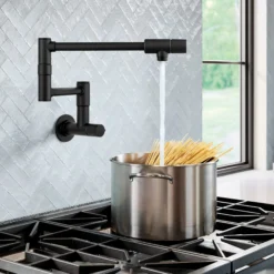 2 Handle Wall Mount Pot Filler Faucet with Retractable Arm in Matte Black