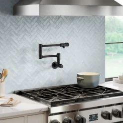 2 Handle Wall Mount Pot Filler Faucet with Retractable Arm in Matte Black