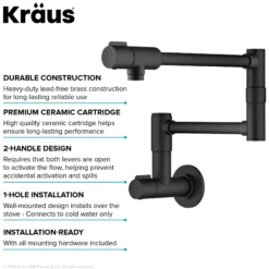 2 Handle Wall Mount Pot Filler Faucet with Retractable Arm in Matte Black