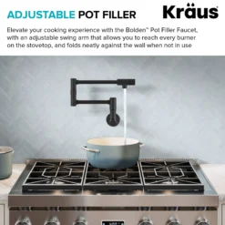 2 Handle Wall Mount Pot Filler Faucet with Retractable Arm in Matte Black