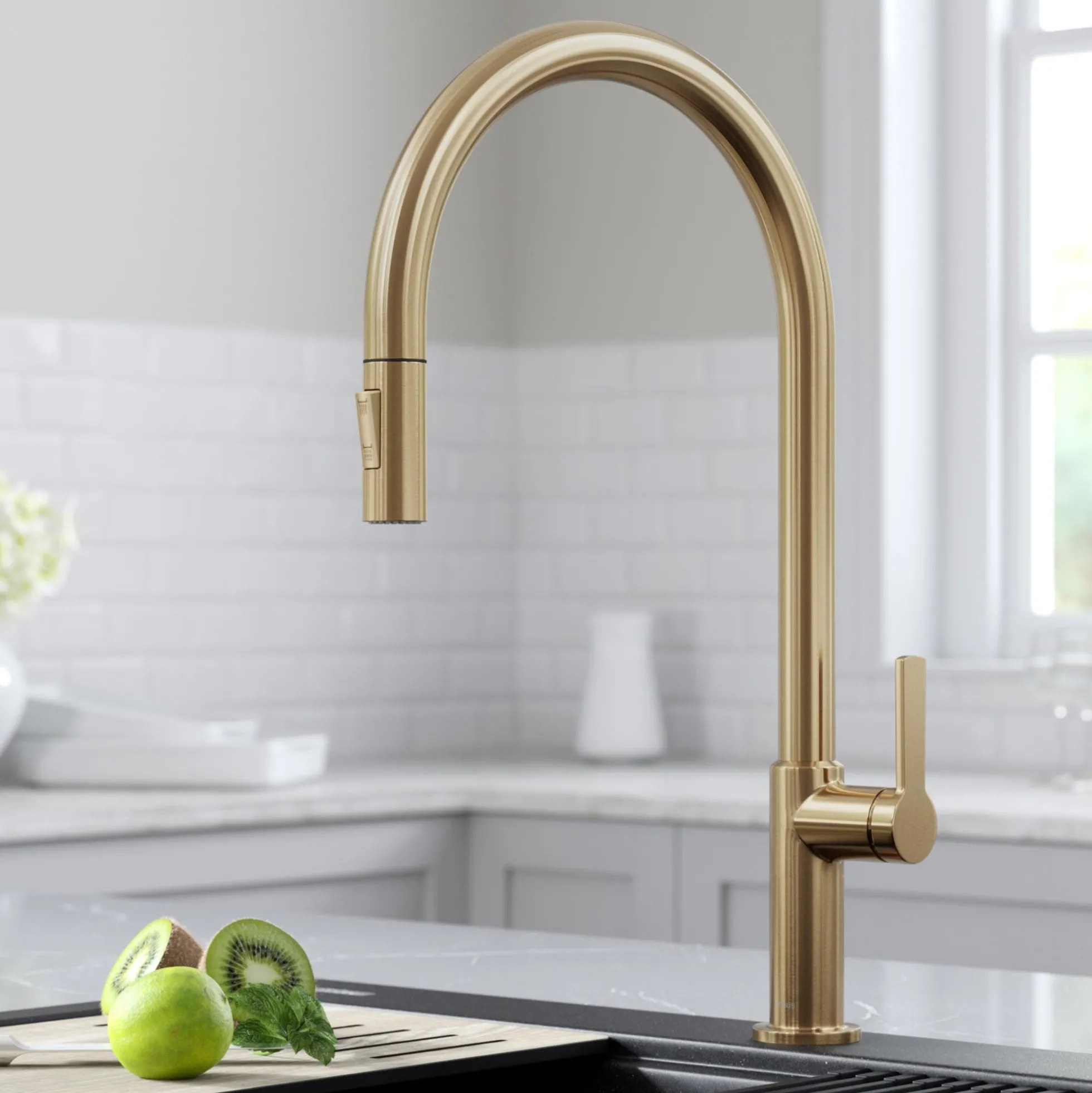 High-Arc Single Handle Pull-Down Kitchen Faucet in Spot Free Antique Champagne Bronze
