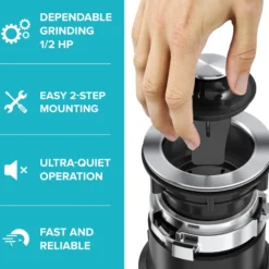 High-Speed 1/2 HP Continuous Feed Ultra-Quiet Motor Garbage Disposal with Quick Connect Mount, Power Cord and Flange Included