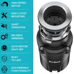 High-Speed 1/2 HP Continuous Feed Ultra-Quiet Motor Garbage Disposal with Quick Connect Mount, Power Cord and Flange Included