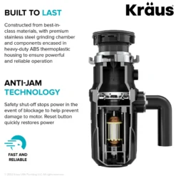 High-Speed 1/2 HP Continuous Feed Ultra-Quiet Motor Garbage Disposal with Quick Connect Mount, Power Cord and Flange Included