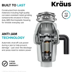 1/2 HP Continuous Feed Garbage Disposal with Ultra-Quiet Motor for Kitchen Sink with Power Cord and Flange Included