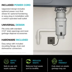 1/3 HP Continuous Feed Garbage Disposal with Ultra-Quiet Motor for Kitchen Sink with Power Cord and Flange Included