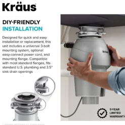1/3 HP Continuous Feed Garbage Disposal with Ultra-Quiet Motor for Kitchen Sink with Power Cord and Flange Included