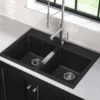 33 Inch Dual Mount 50/50 Double Bowl Granite Kitchen Sink w/ Top mount and Undermount Installation in Black Onyx with WasteGuard™ Continuous Feed Garbage Disposal