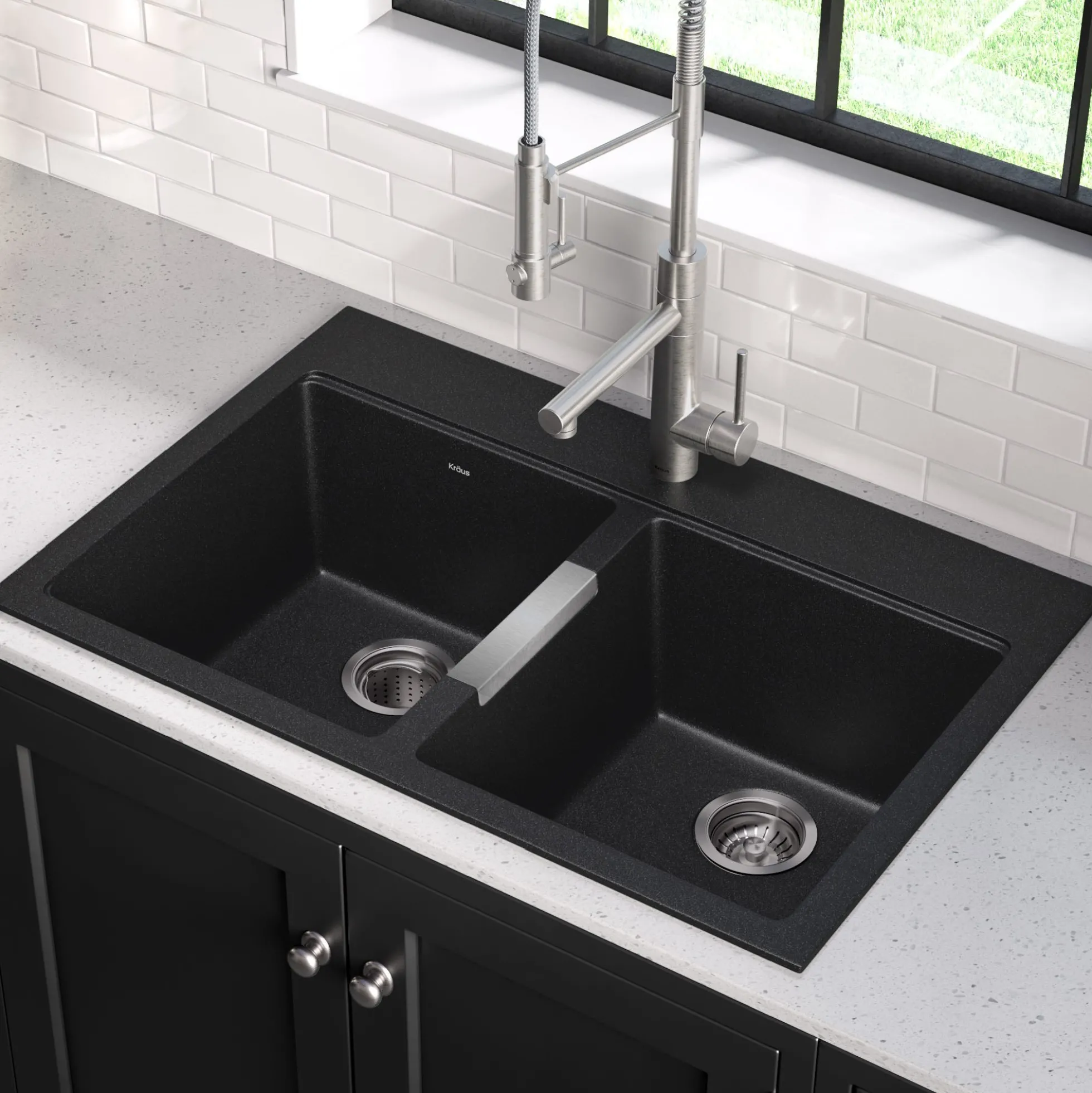 33 Inch Dual Mount 50/50 Double Bowl Granite Kitchen Sink w/ Top mount and Undermount Installation in Black Onyx with WasteGuard™ Continuous Feed Garbage Disposal