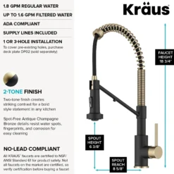 2-in-1 Commercial Style Pull Down Kitchen Faucet with Integrated Water Filter Tap for Reverse Osmosis or Water Filtration System in Spot-Free Antique Champagne Bronze / Matte Black