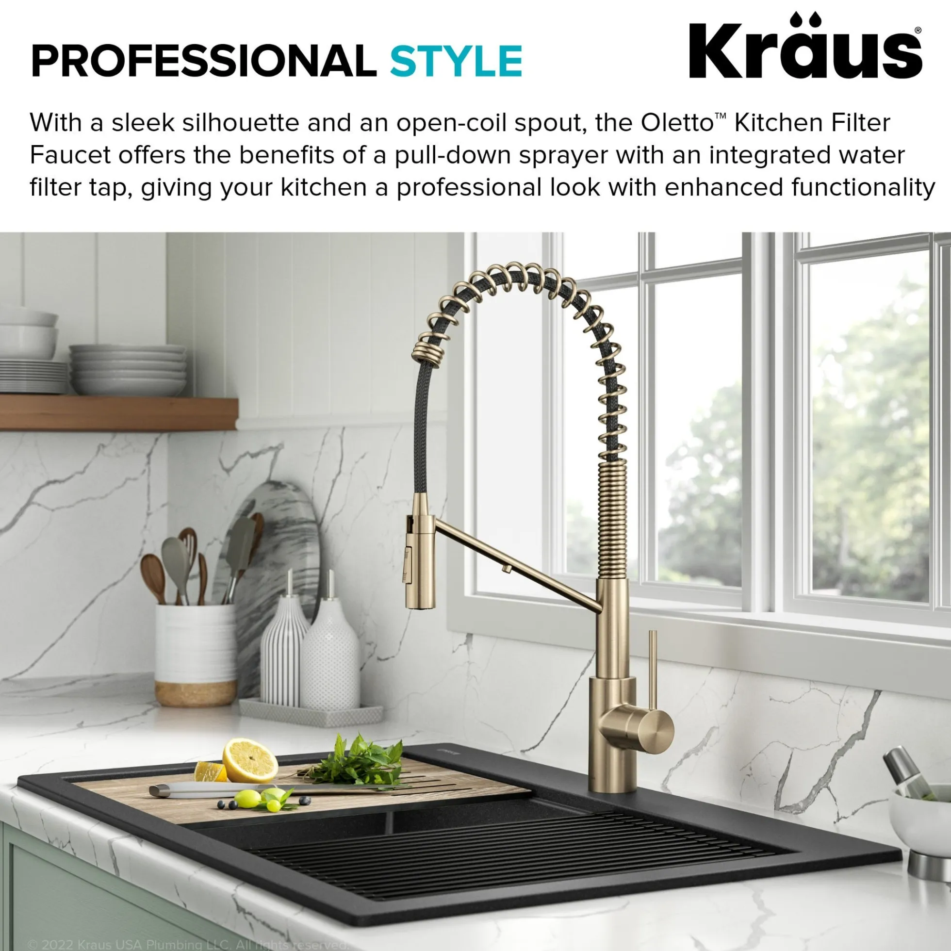 2-in-1 Commercial Style Pull-Down Single Handle Water Filter Kitchen Faucet for Reverse Osmosis or Water Filtration System in Spot-Free Antique Champagne Bronze