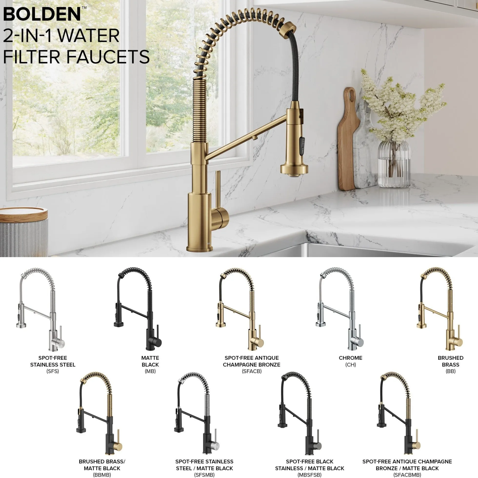 2-in-1 Commercial Style Pull Down Single Handle Water Filter Kitchen Faucet for Reverse Osmosis or Water Filtration System in Spot-Free Brushed Brass