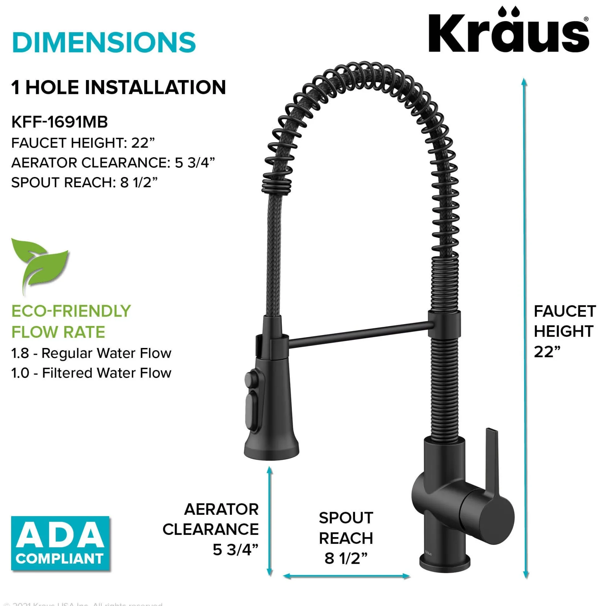 2-in-1 Commercial Style Pull Down Single Handle Water Filter Faucet for Reverse Osmosis or Water Filtration System in Matte Black