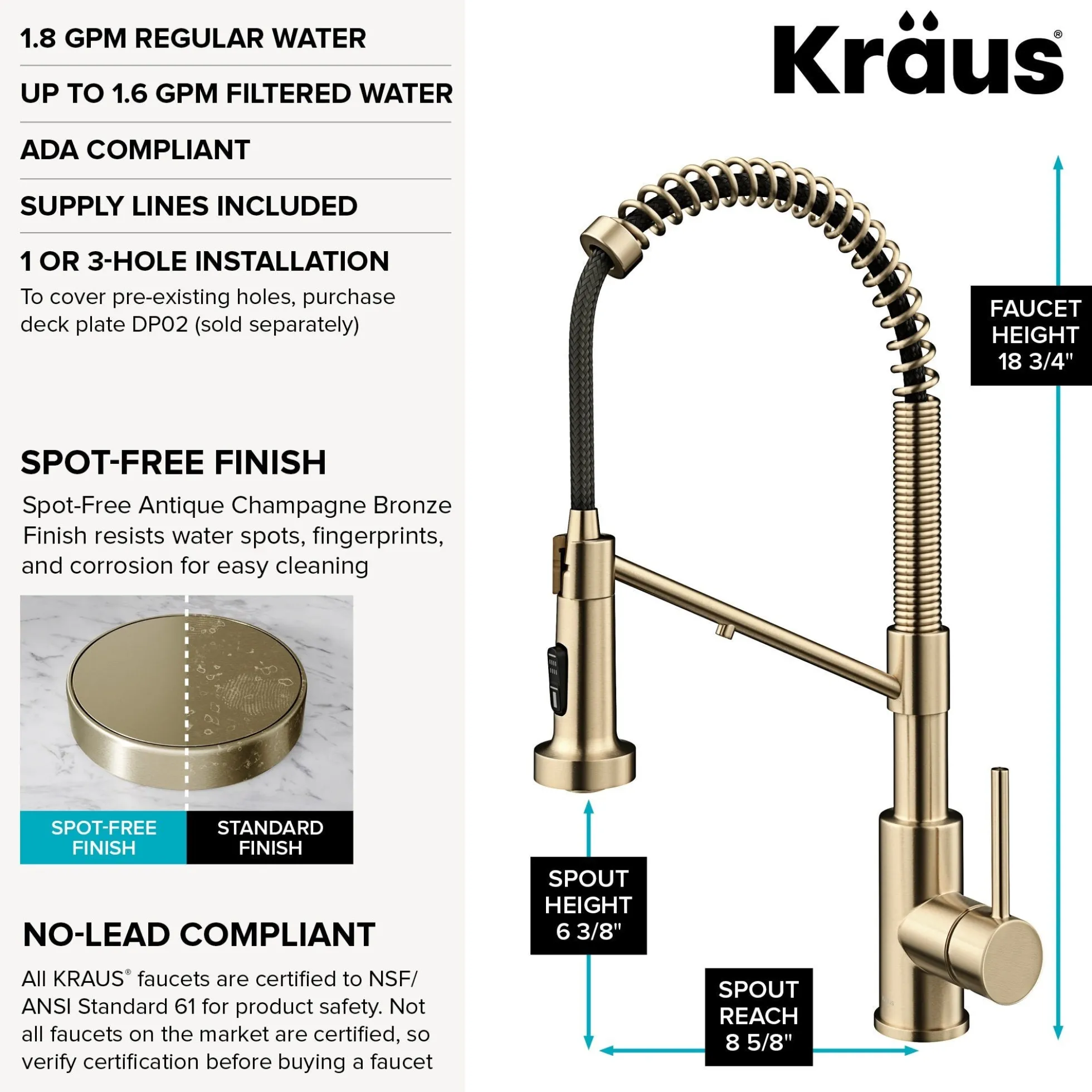 2-in-1 Commercial Style Pull Down Single Handle Water Filter Kitchen Faucet for Reverse Osmosis or Water Filtration System in Spot-Free Antique Champagne Bronze