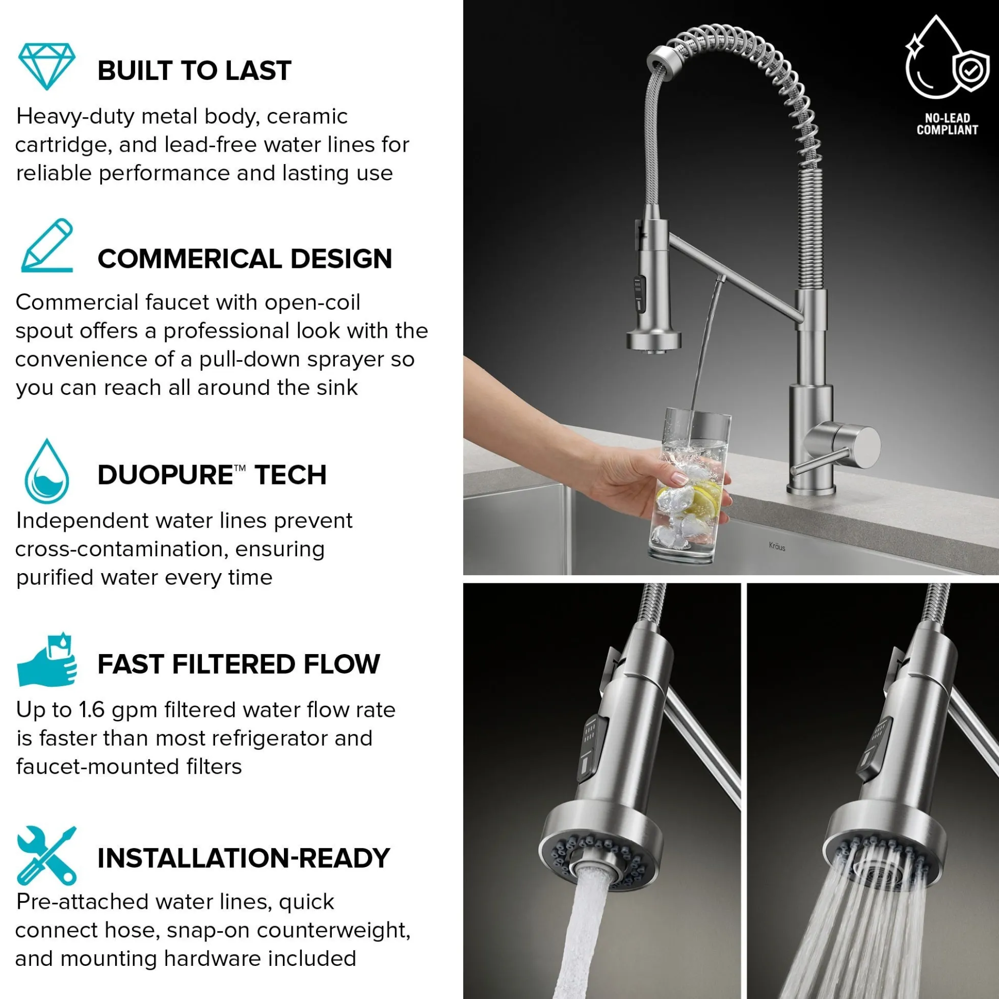 2-in-1 Commercial Style Pull Down Single Handle Water Filter Kitchen Faucet for Reverse Osmosis or Water Filtration System in Spot-Free Antique Champagne Bronze