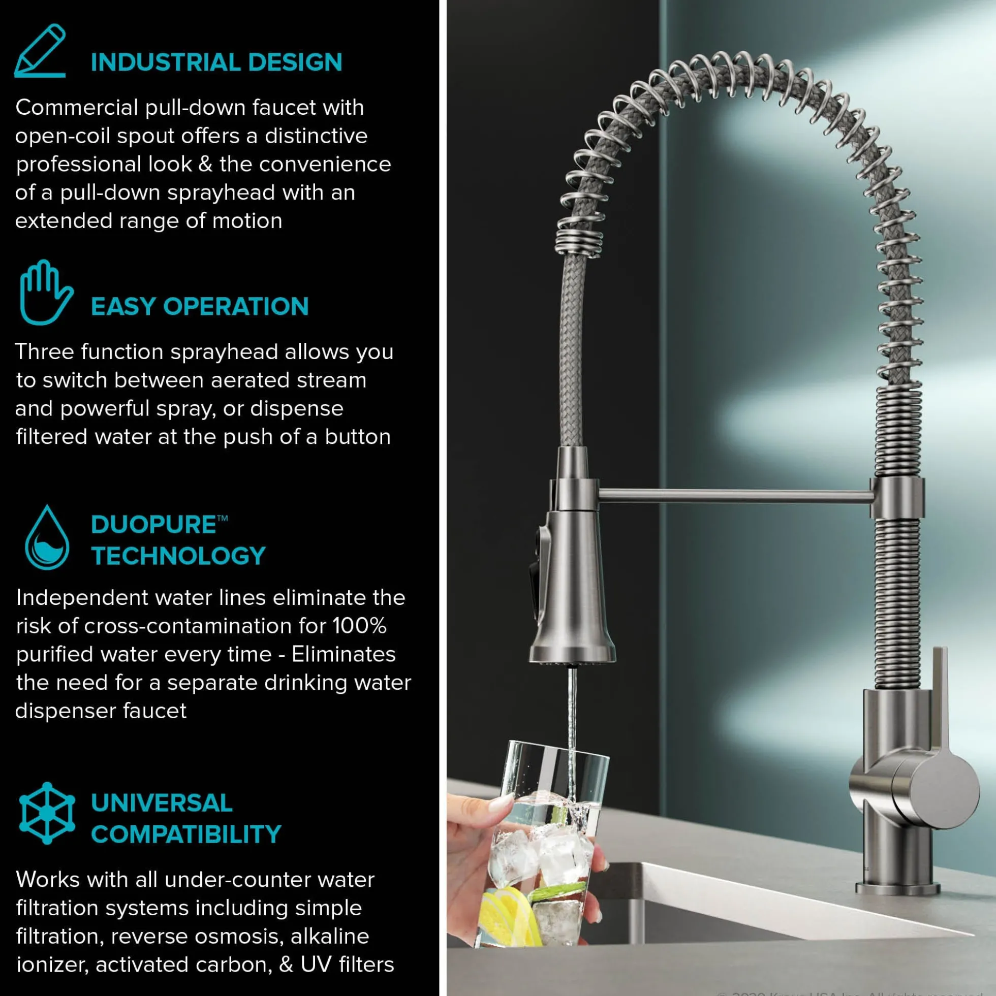 2-in-1 Commercial Style Pull Down Single Handle Water Filter Faucet for Reverse Osmosis or Water Filtration System in Spot Free Stainless Steel