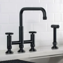 Industrial Bridge Kitchen Faucet with Side Sprayer in Matte Black