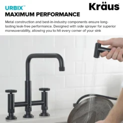 Industrial Bridge Kitchen Faucet with Side Sprayer in Matte Black
