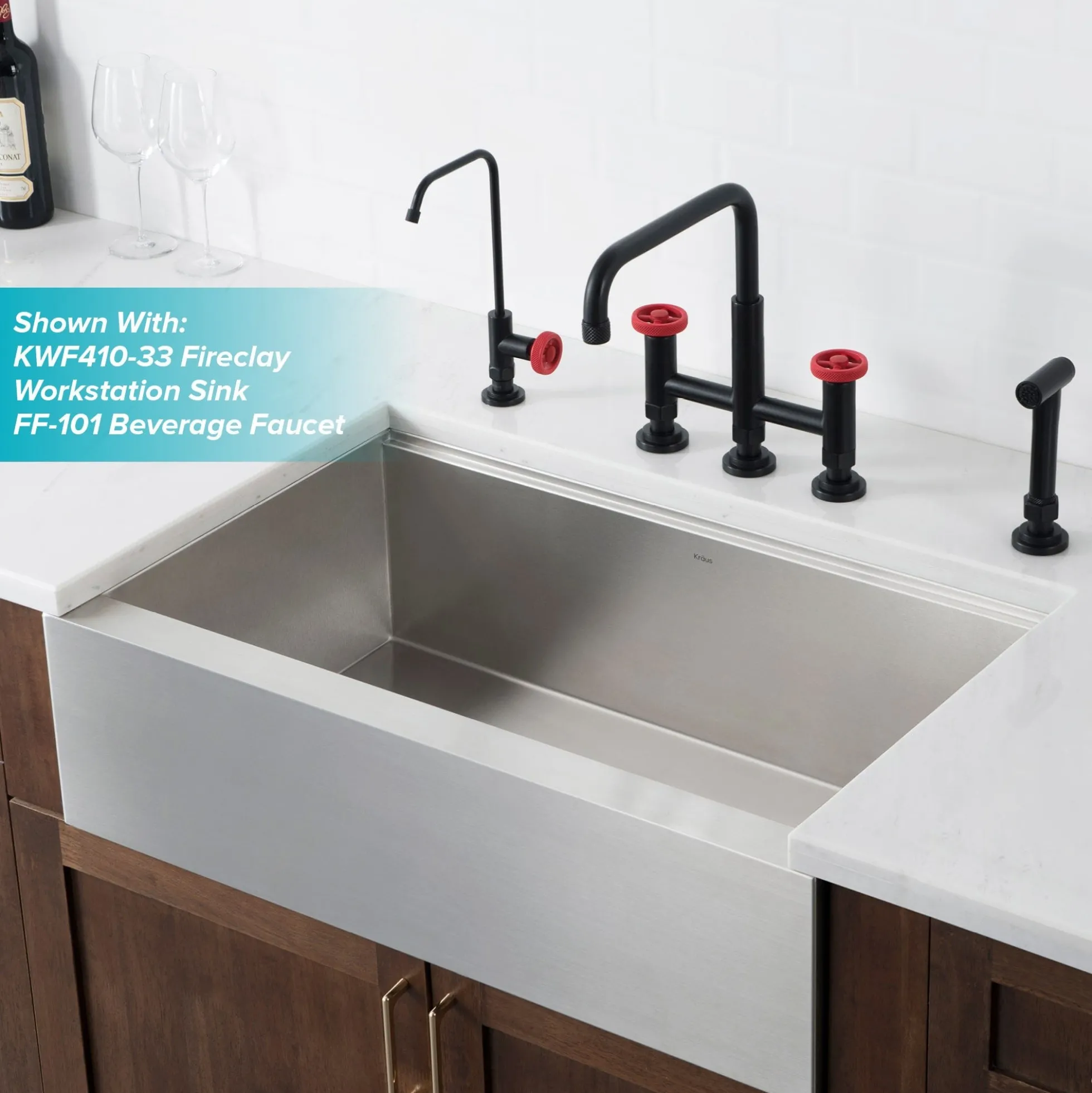Industrial Bridge Kitchen Faucet with Side Sprayer in Matte Black/Red
