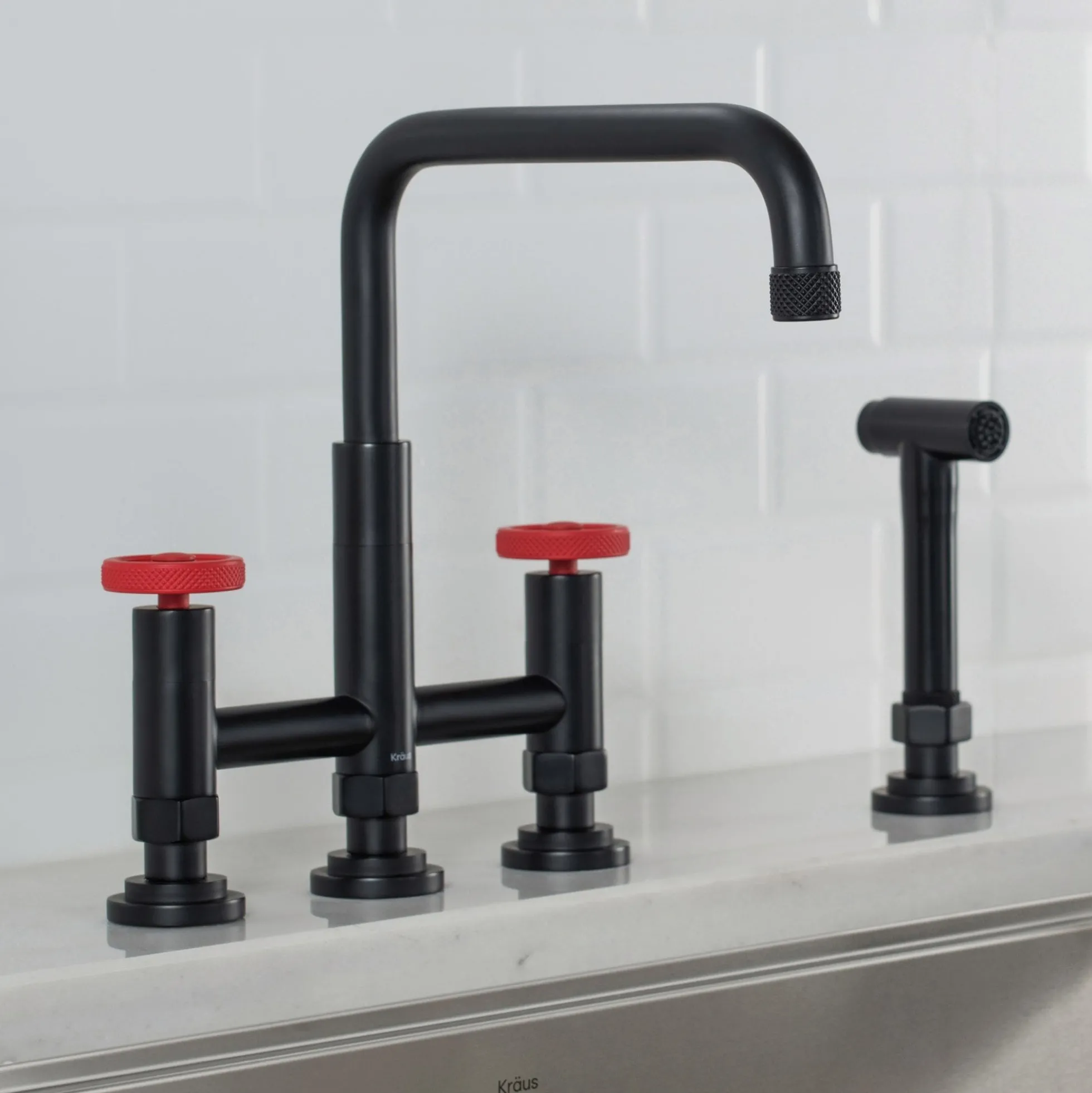 Industrial Bridge Kitchen Faucet with Side Sprayer in Matte Black/Red