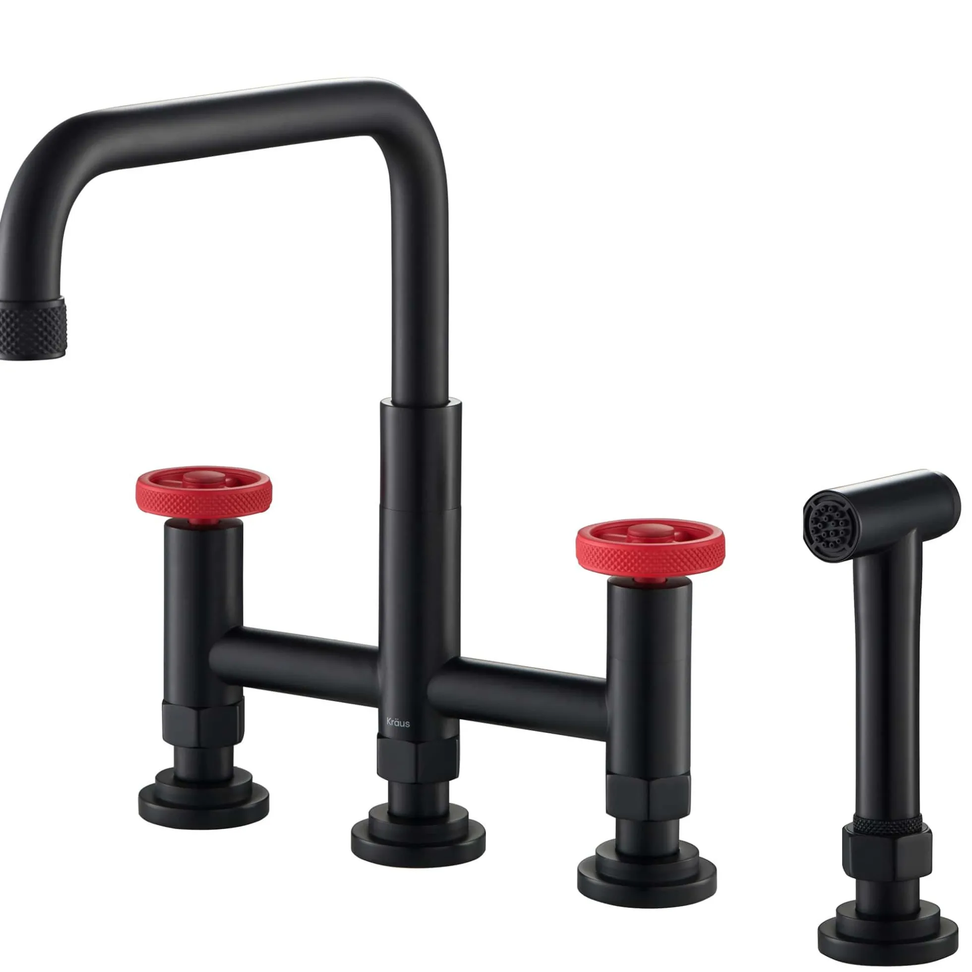 Industrial Bridge Kitchen Faucet with Side Sprayer in Matte Black/Red