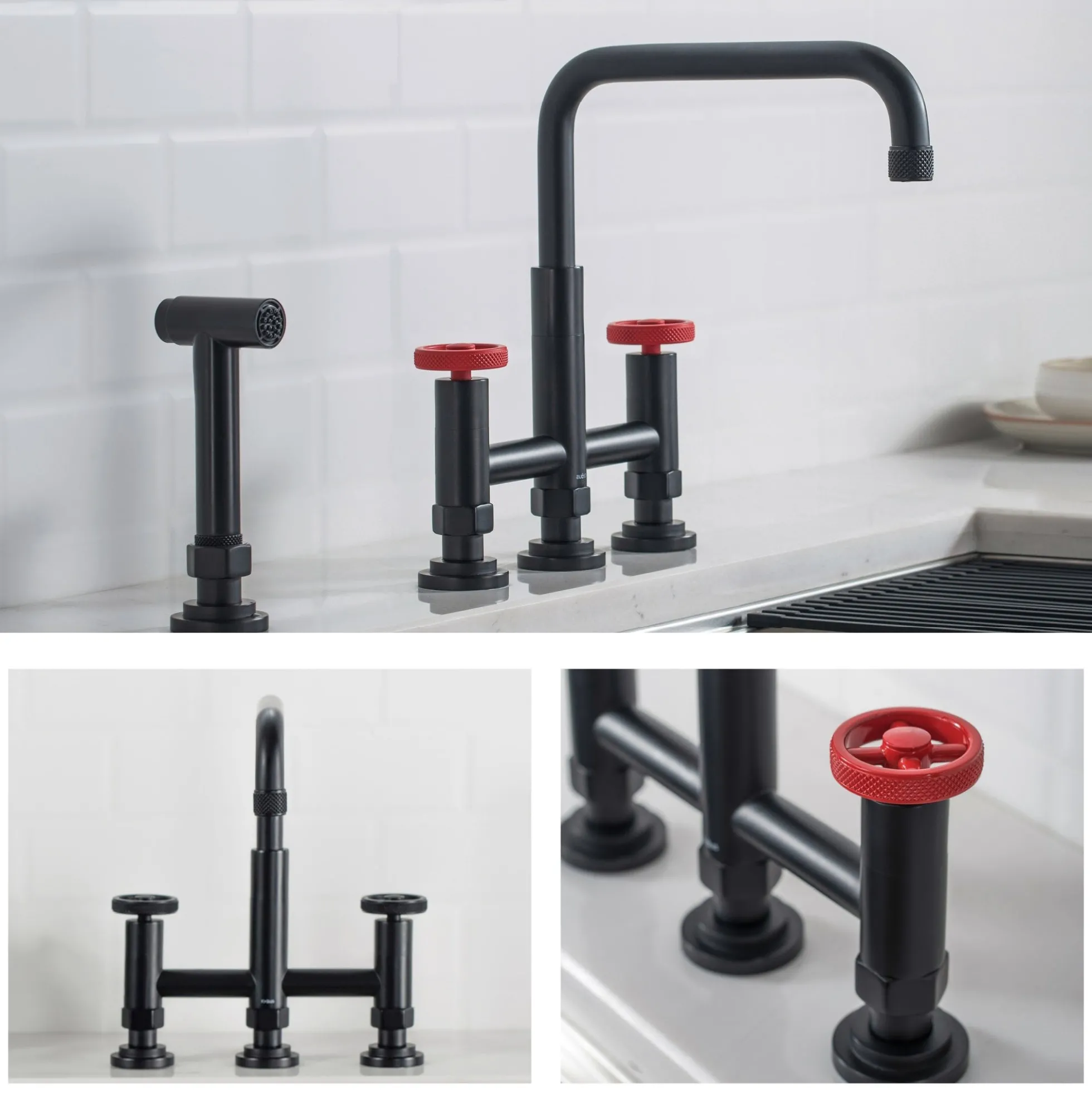 Industrial Bridge Kitchen Faucet with Side Sprayer in Matte Black/Red
