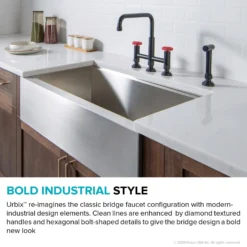 Industrial Bridge Kitchen Faucet with Side Sprayer in Matte Black/Red