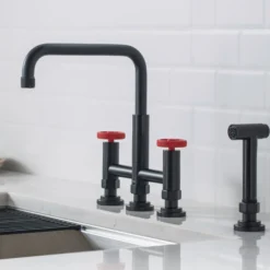 Industrial Bridge Kitchen Faucet with Side Sprayer in Matte Black/Red