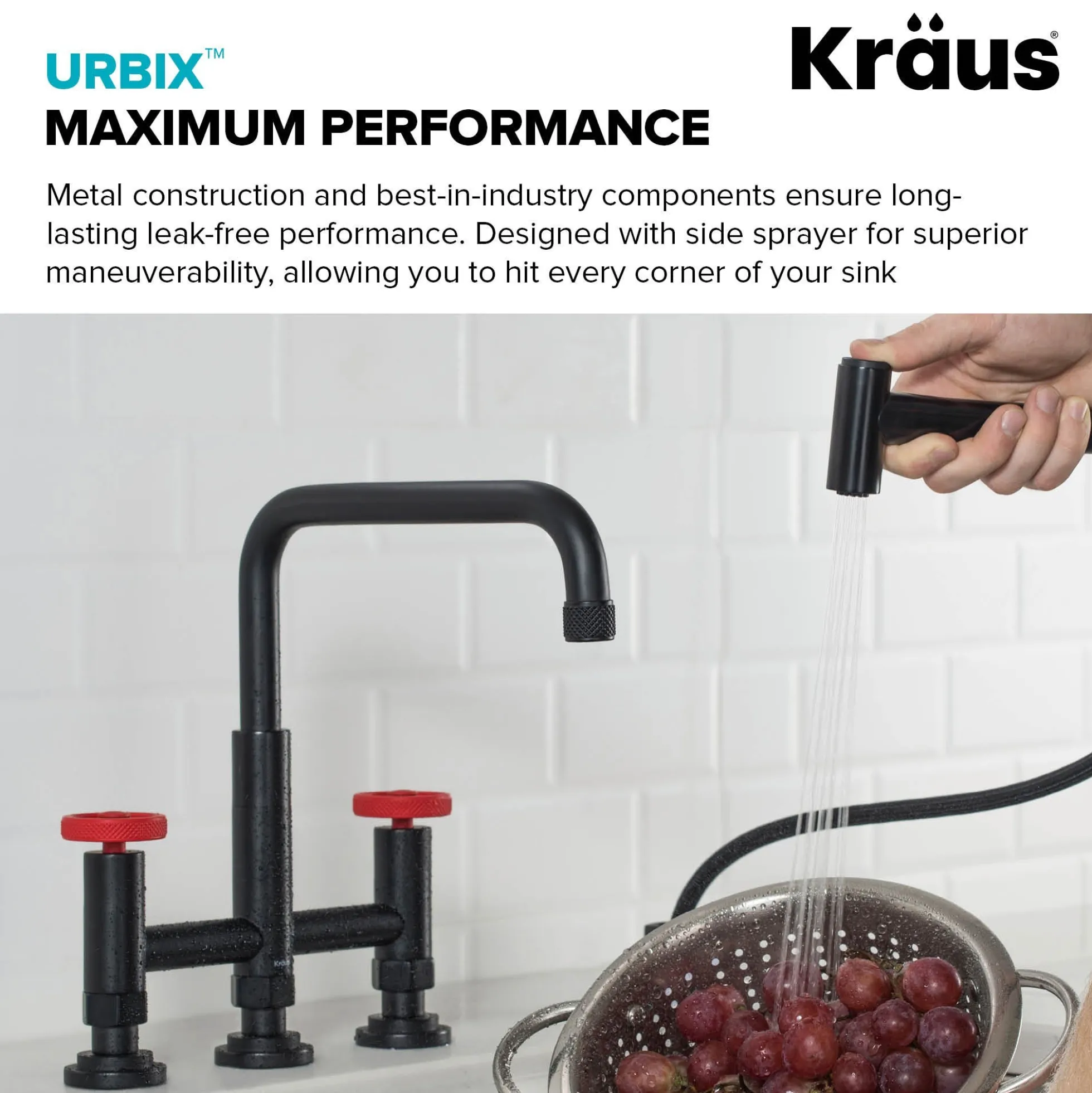 Industrial Bridge Kitchen Faucet with Side Sprayer in Matte Black/Red