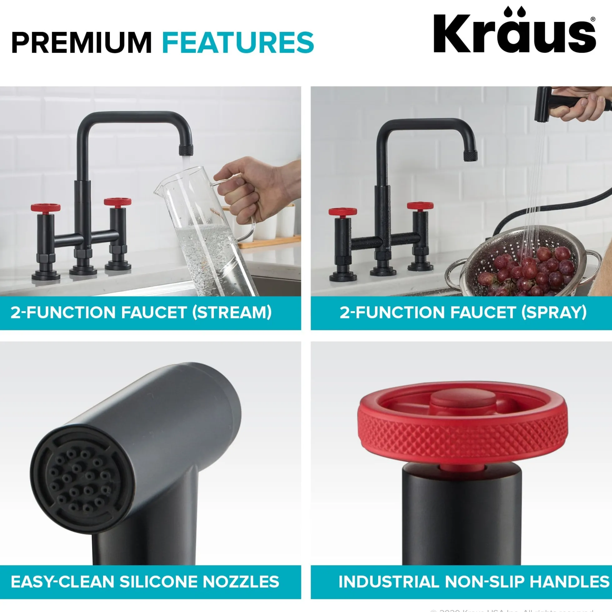 Industrial Bridge Kitchen Faucet with Side Sprayer in Matte Black/Red