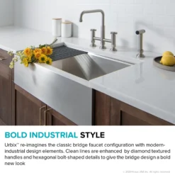 Industrial Bridge Kitchen Faucet with Side Sprayer in Spot Free Stainless Steel