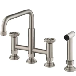 Industrial Bridge Kitchen Faucet with Side Sprayer in Spot Free Stainless Steel