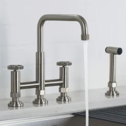 Industrial Bridge Kitchen Faucet with Side Sprayer in Spot Free Stainless Steel