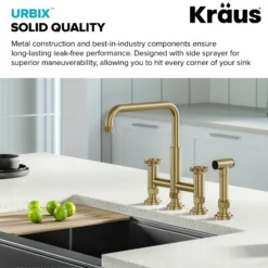 Industrial Bridge Kitchen Faucet and Water Filter Faucet Combo in Brushed Gold