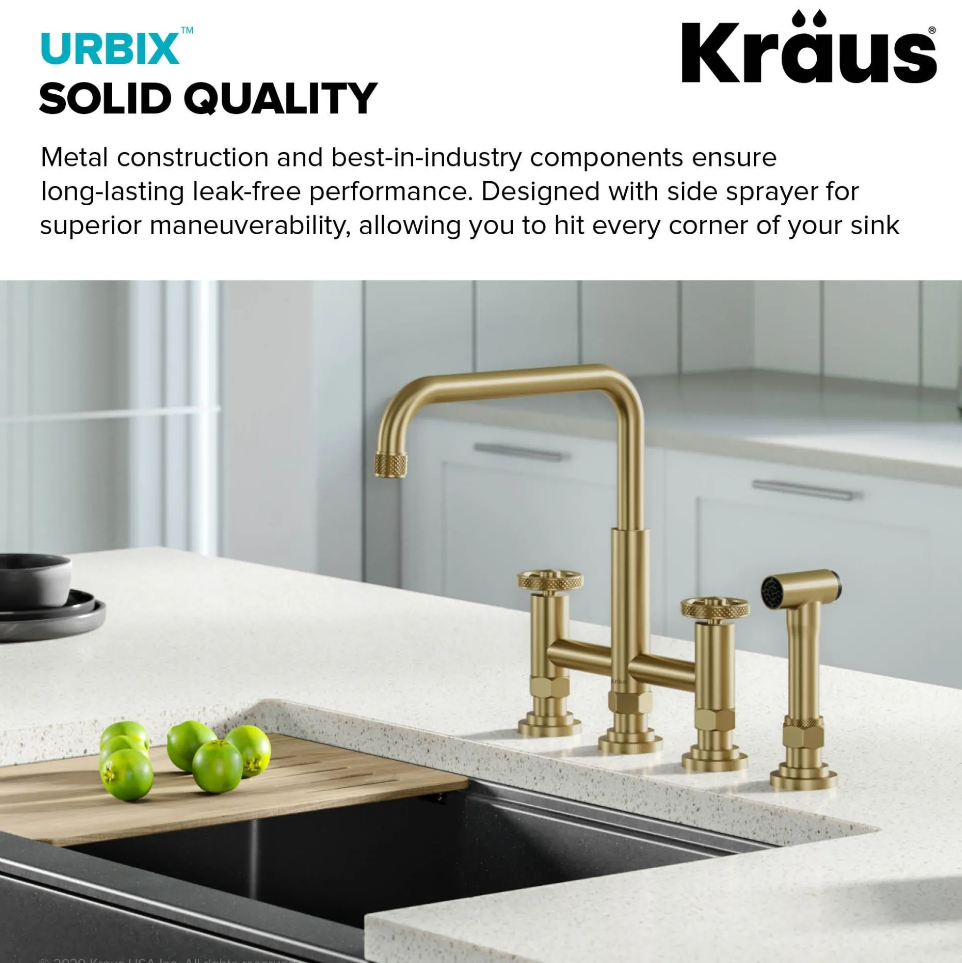 Industrial Bridge Kitchen Faucet and Water Filter Faucet Combo in Brushed Gold