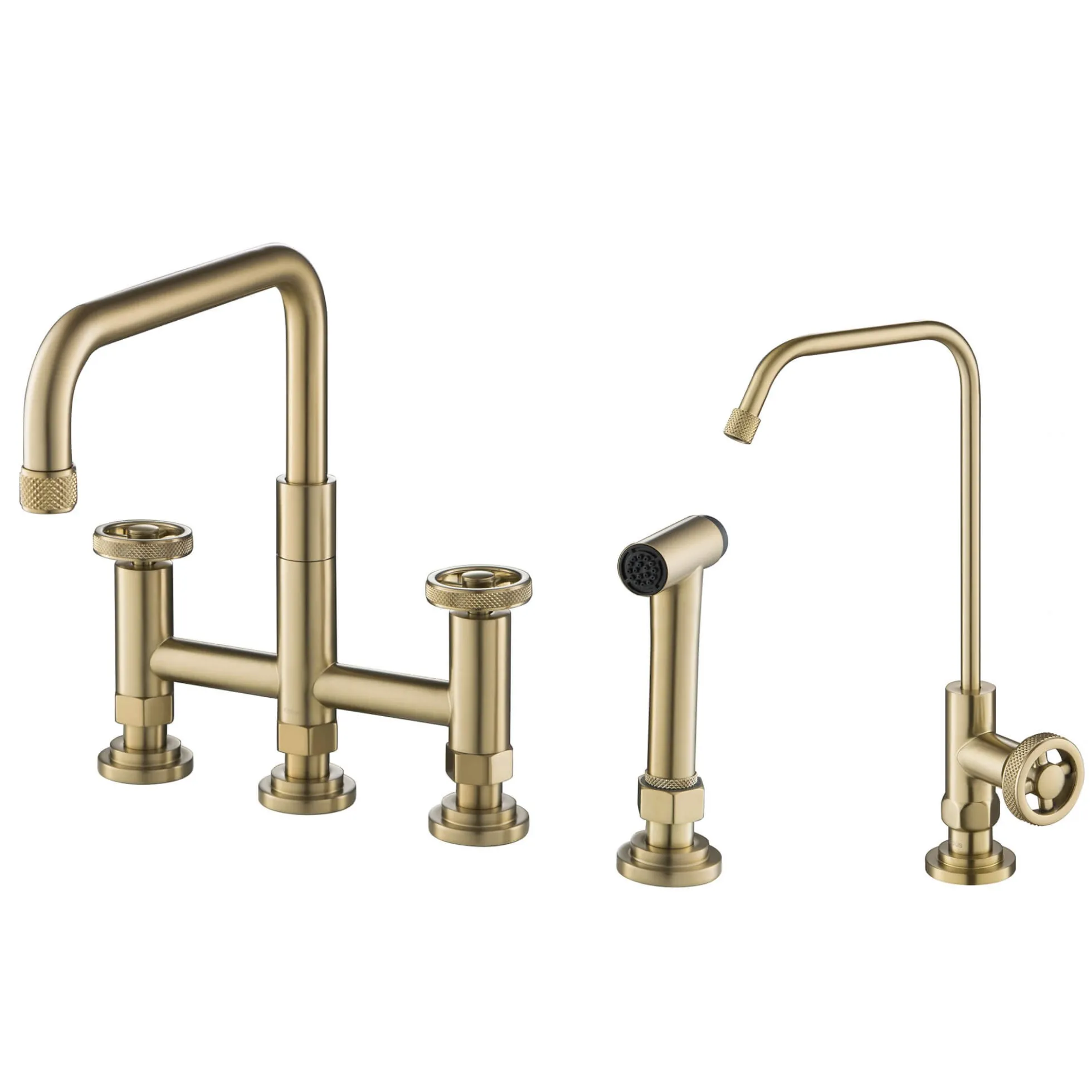 Industrial Bridge Kitchen Faucet and Water Filter Faucet Combo in Brushed Gold