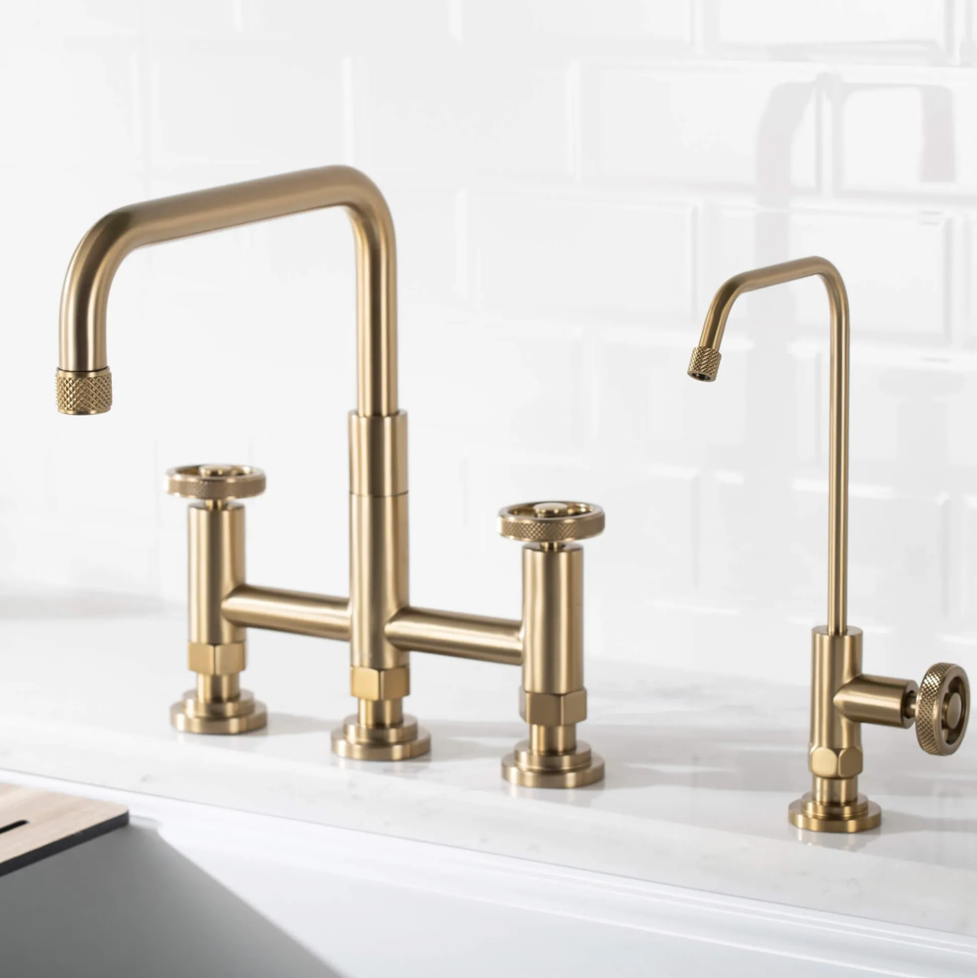 Industrial Bridge Kitchen Faucet and Water Filter Faucet Combo in Brushed Gold