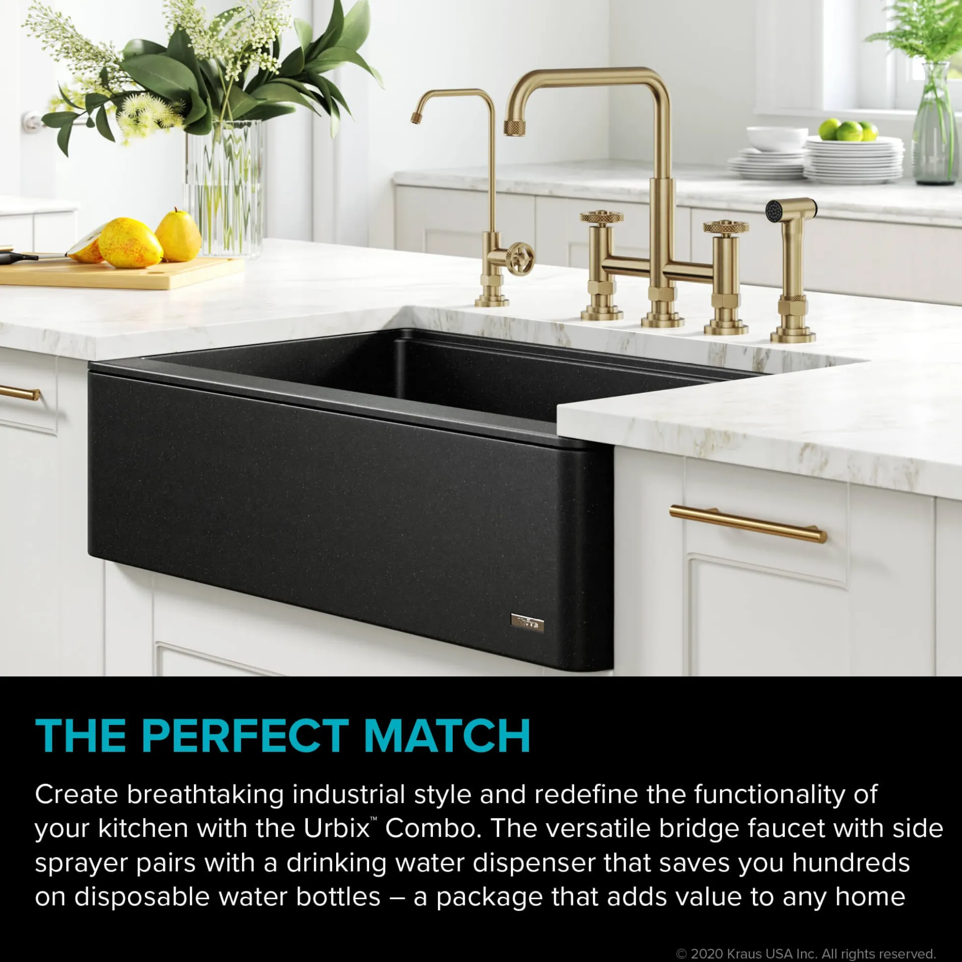 Industrial Bridge Kitchen Faucet and Water Filter Faucet Combo in Brushed Gold