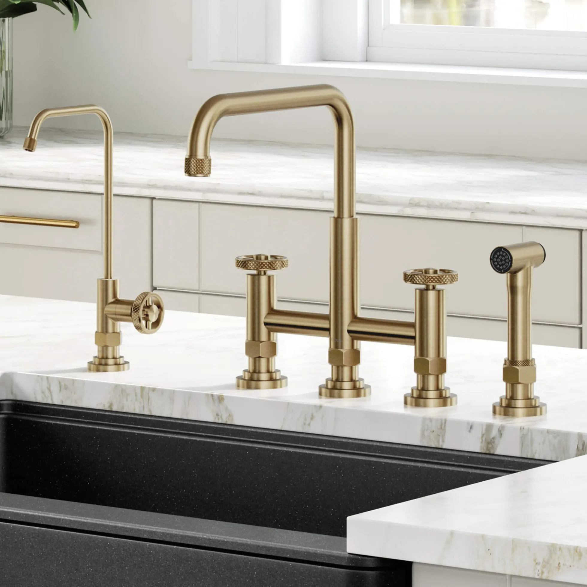 Industrial Bridge Kitchen Faucet and Water Filter Faucet Combo in Brushed Gold