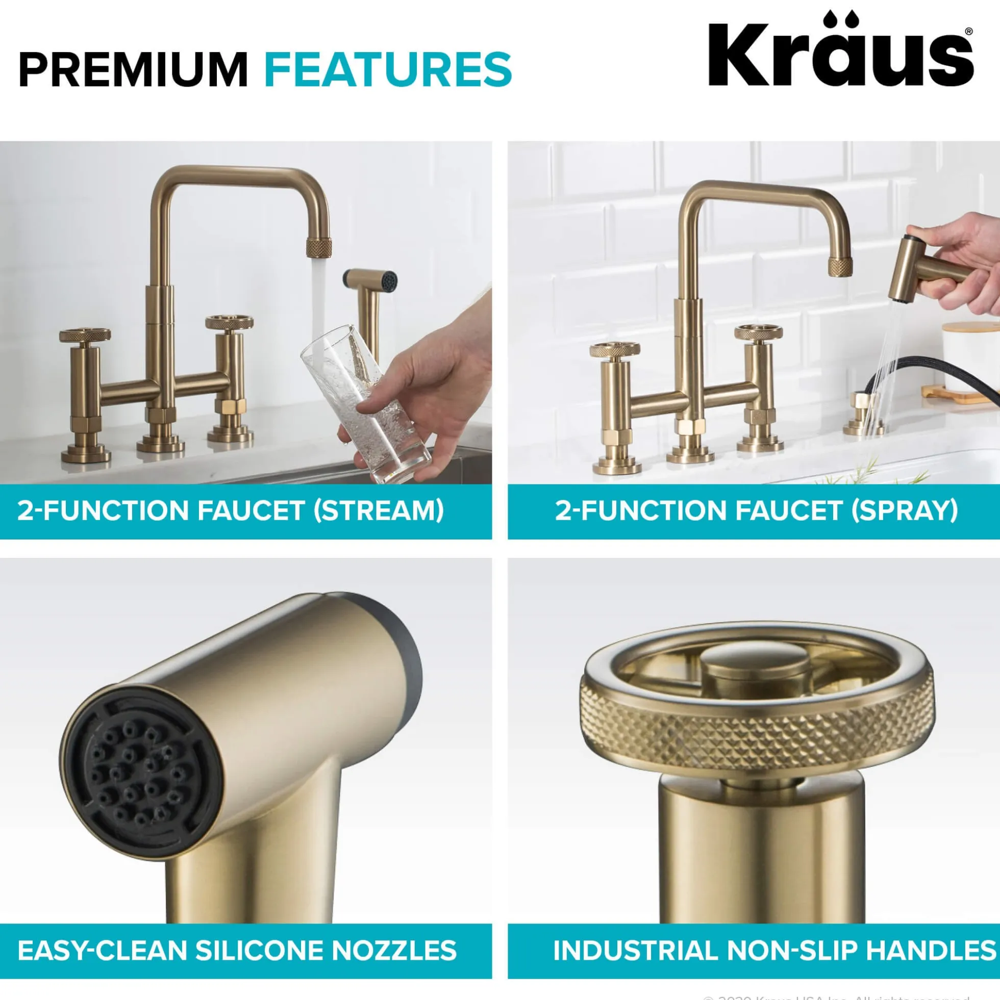 Industrial Bridge Kitchen Faucet and Water Filter Faucet Combo in Brushed Gold