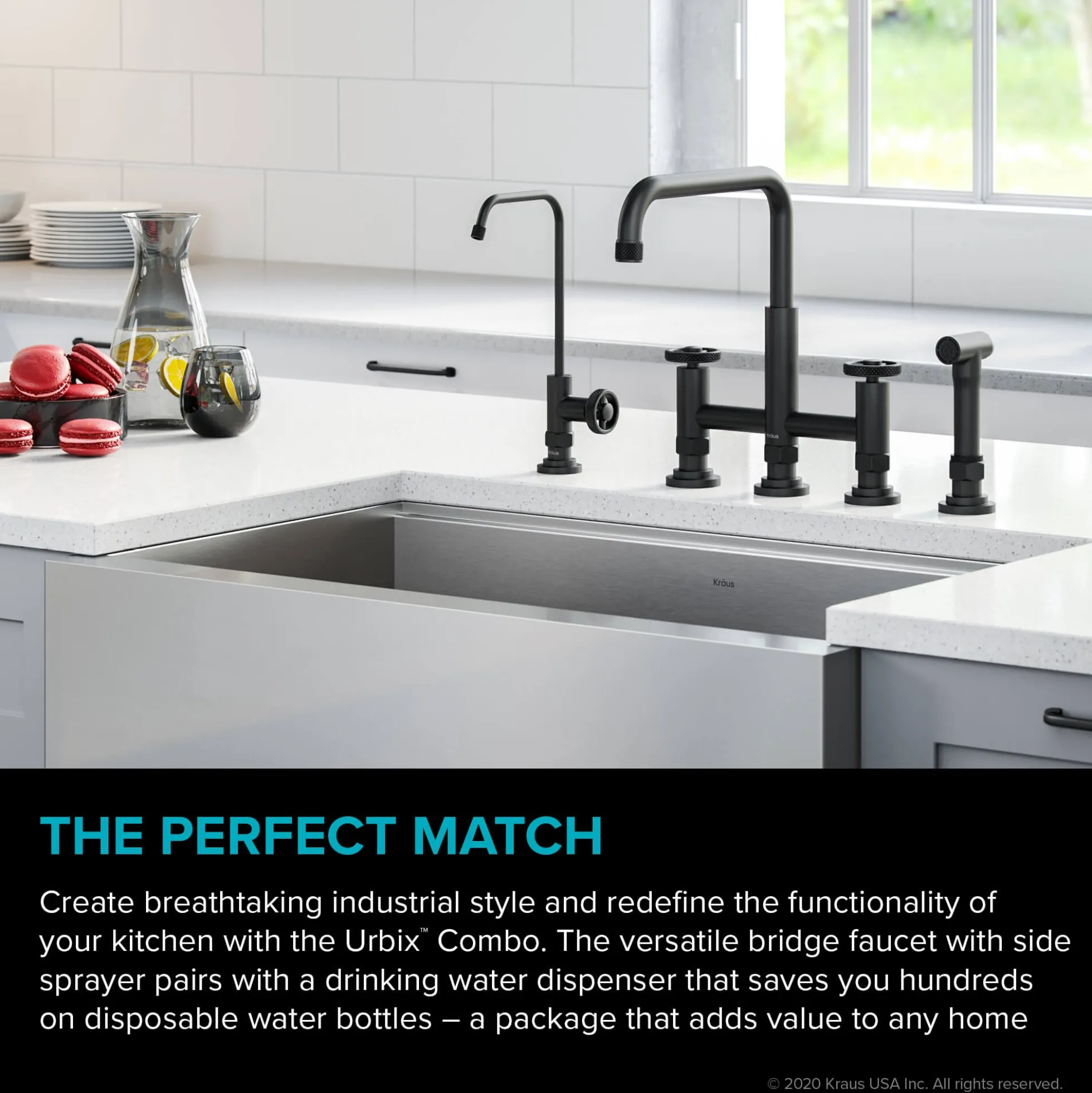 Industrial Bridge Kitchen Faucet and Water Filter Faucet Combo in Matte Black