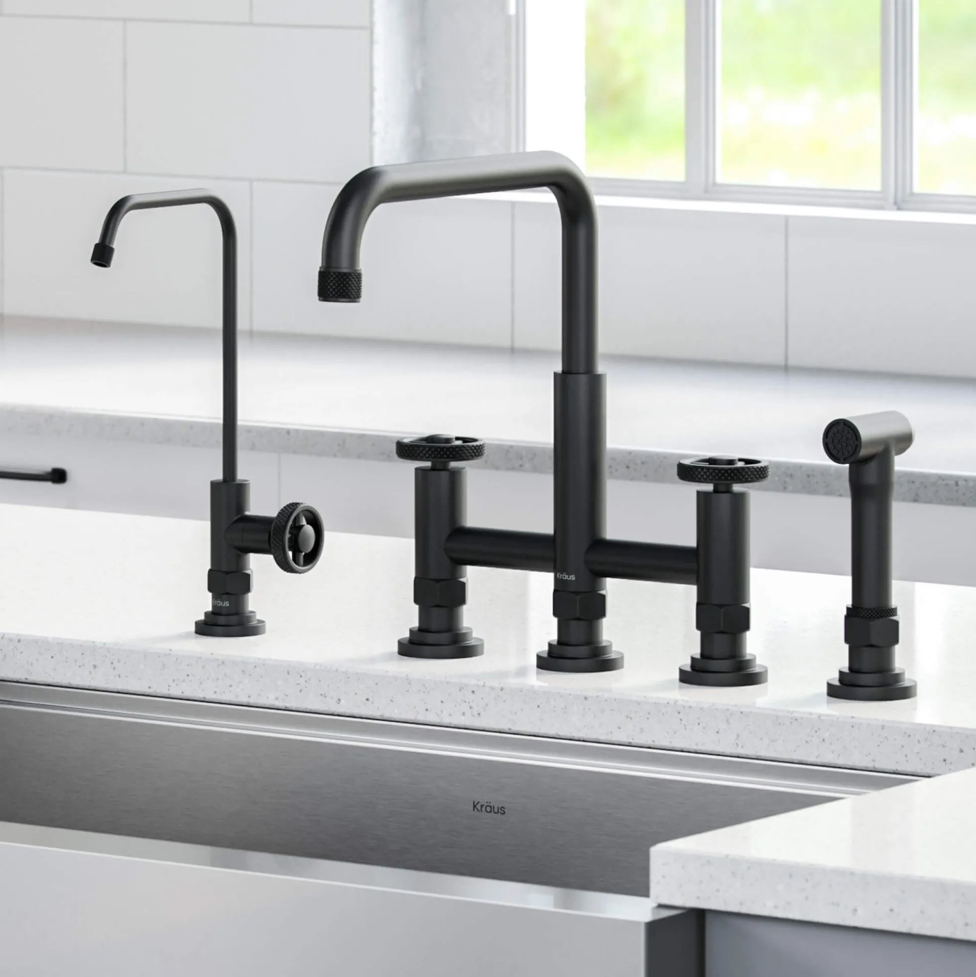 Industrial Bridge Kitchen Faucet and Water Filter Faucet Combo in Matte Black